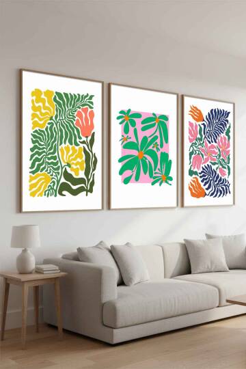 Modern Botanik Çiçek Desenli 3'lü Set Çerçeveli Tablo Salon ve Ofis Dekoru - 3