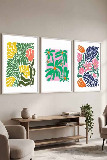 Modern Botanik Çiçek Desenli 3'lü Set Çerçeveli Tablo Salon ve Ofis Dekoru - 7