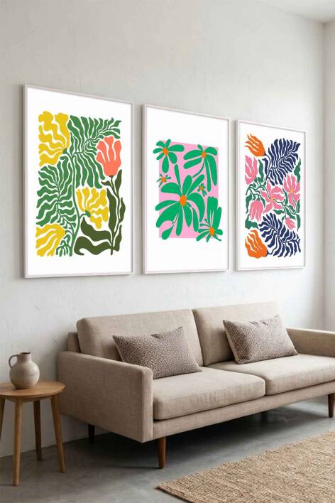 Modern Botanik Çiçek Desenli 3'lü Set Çerçeveli Tablo Salon ve Ofis Dekoru - 8