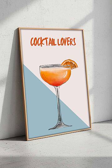 Modern Cocktail Lovers İllüstrasyon Çerçeveli Tablo Mutfak Bar Dekoru Doğal Ahşap