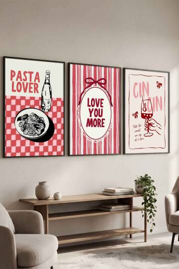Modern İtalyan Mutfağı Pasta Lover ve Cin Cin Temalı 3'lü Çerçeveli Tablo Seti Mutfak ve Kafe Dekorasyonu