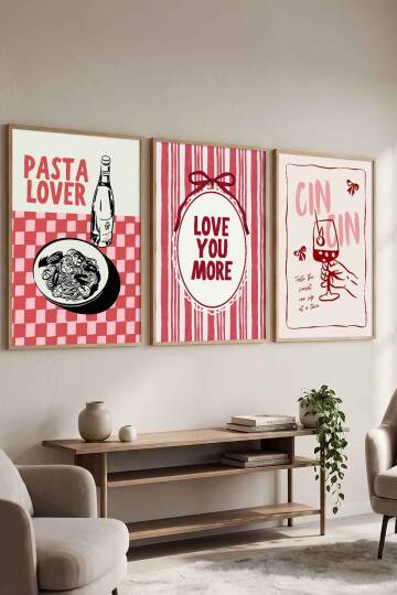 Modern İtalyan Mutfağı Pasta Lover ve Cin Cin Temalı 3'lü Çerçeveli Tablo Seti Mutfak ve Kafe Dekorasyonu Doğal Ahşap