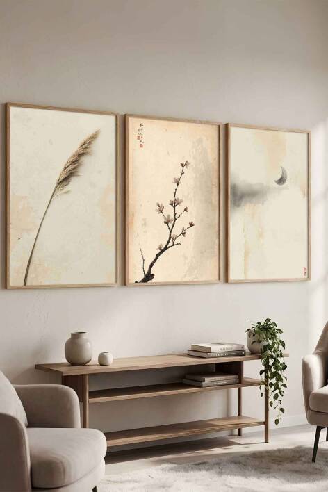 Modern Japon Sanatı Zen Temalı 3'lü Set Çerçeveli Tablo Salon ve Ofis Dekorasyonu - 1