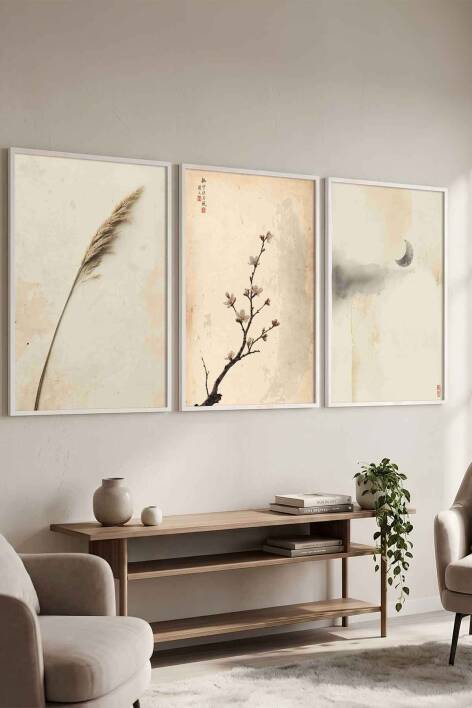 Modern Japon Sanatı Zen Temalı 3'lü Set Çerçeveli Tablo Salon ve Ofis Dekorasyonu - 7