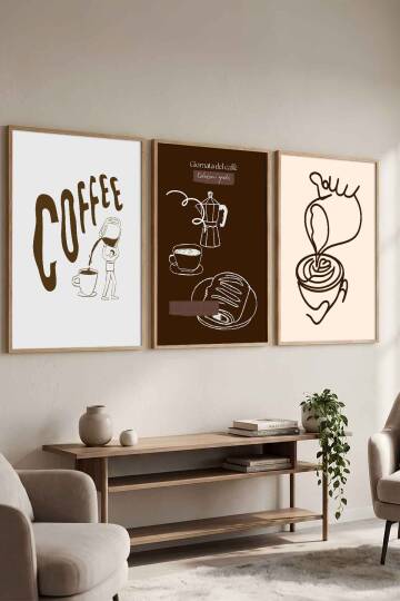 Modern Kahve Temalı 3'lü Set Çerçeveli Tablo Mutfak ve Kafe Dekoru