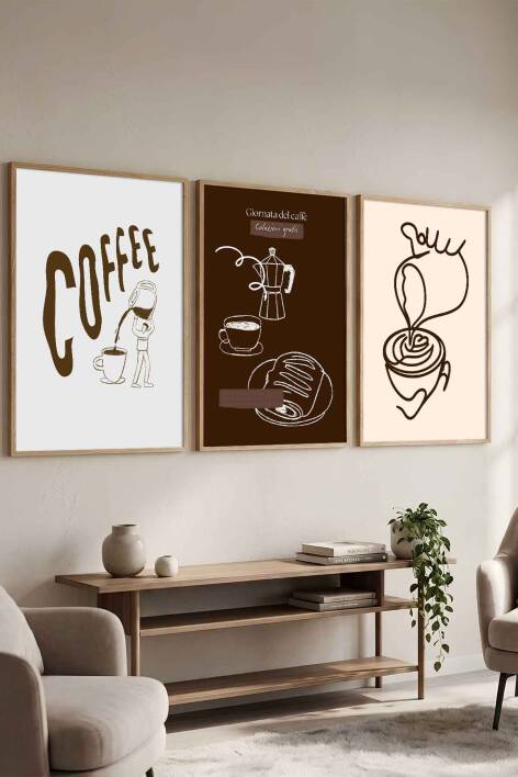 Modern Kahve Temalı 3'lü Set Çerçeveli Tablo Mutfak ve Kafe Dekoru - 1
