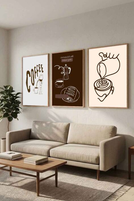 Modern Kahve Temalı 3'lü Set Çerçeveli Tablo Mutfak ve Kafe Dekoru - 3