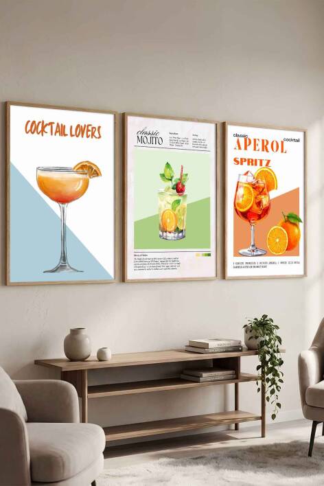 Modern Kokteyl Serisi 3'lü Çerçeveli Tablo Seti Mutfak ve Kafe Dekorasyonu - 1