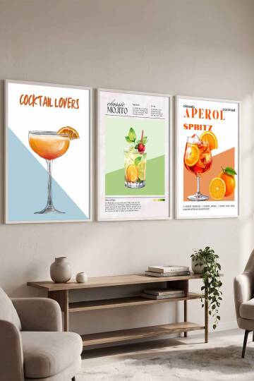 Modern Kokteyl Serisi 3'lü Çerçeveli Tablo Seti Mutfak ve Kafe Dekorasyonu - 7