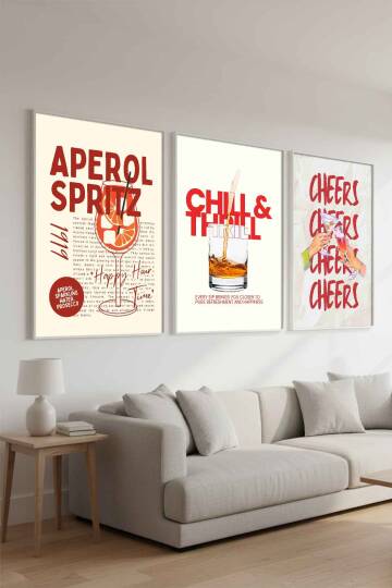 Modern Kokteyl Serisi Aperol Spritz ve Cheers Temalı 3'lü Çerçeveli Tablo Seti Mutfak ve Kafe Dekorasyonu - 9