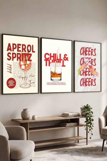 Modern Kokteyl Serisi Aperol Spritz ve Cheers Temalı 3'lü Çerçeveli Tablo Seti Mutfak ve Kafe Dekorasyonu