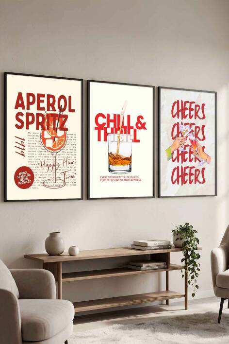 Modern Kokteyl Serisi Aperol Spritz ve Cheers Temalı 3'lü Çerçeveli Tablo Seti Mutfak ve Kafe Dekorasyonu - 1