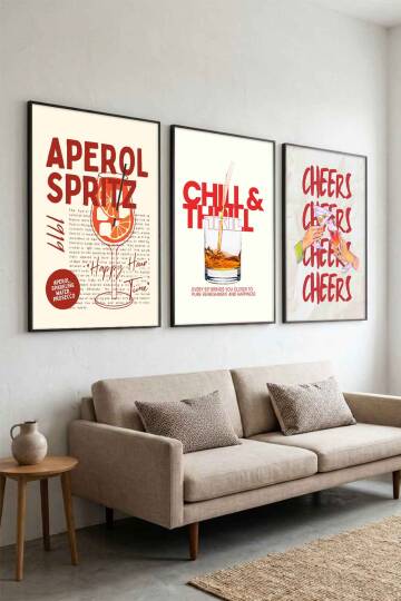 Modern Kokteyl Serisi Aperol Spritz ve Cheers Temalı 3'lü Çerçeveli Tablo Seti Mutfak ve Kafe Dekorasyonu - 2