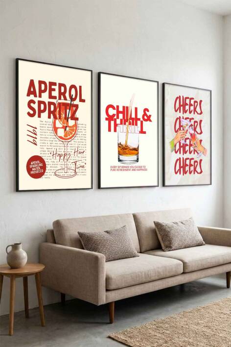 Modern Kokteyl Serisi Aperol Spritz ve Cheers Temalı 3'lü Çerçeveli Tablo Seti Mutfak ve Kafe Dekorasyonu - 2