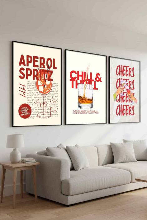 Modern Kokteyl Serisi Aperol Spritz ve Cheers Temalı 3'lü Çerçeveli Tablo Seti Mutfak ve Kafe Dekorasyonu - 3
