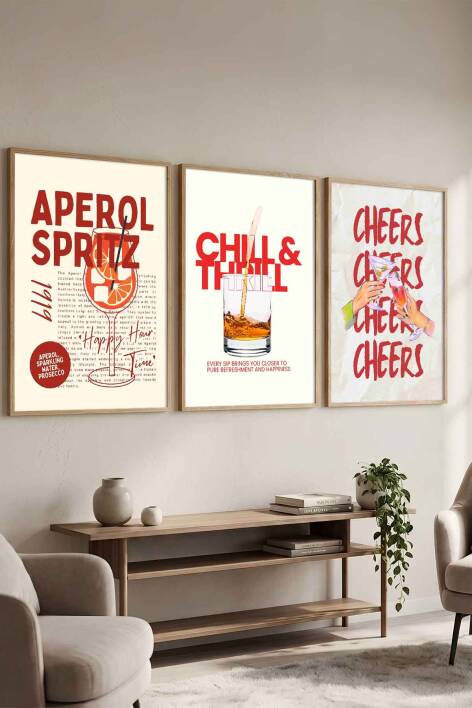Modern Kokteyl Serisi Aperol Spritz ve Cheers Temalı 3'lü Çerçeveli Tablo Seti Mutfak ve Kafe Dekorasyonu - 4