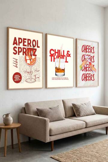 Modern Kokteyl Serisi Aperol Spritz ve Cheers Temalı 3'lü Çerçeveli Tablo Seti Mutfak ve Kafe Dekorasyonu - 5