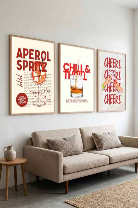 Modern Kokteyl Serisi Aperol Spritz ve Cheers Temalı 3'lü Çerçeveli Tablo Seti Mutfak ve Kafe Dekorasyonu - 5