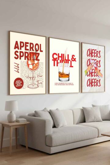 Modern Kokteyl Serisi Aperol Spritz ve Cheers Temalı 3'lü Çerçeveli Tablo Seti Mutfak ve Kafe Dekorasyonu - 6