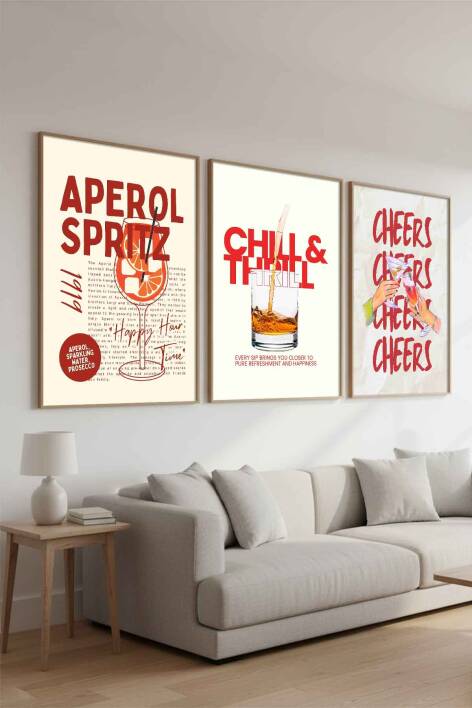 Modern Kokteyl Serisi Aperol Spritz ve Cheers Temalı 3'lü Çerçeveli Tablo Seti Mutfak ve Kafe Dekorasyonu - 6