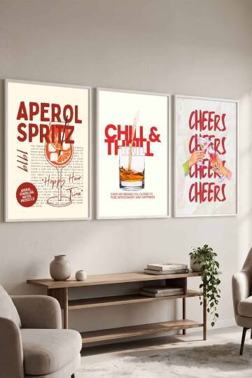 Modern Kokteyl Serisi Aperol Spritz ve Cheers Temalı 3'lü Çerçeveli Tablo Seti Mutfak ve Kafe Dekorasyonu Beyaz