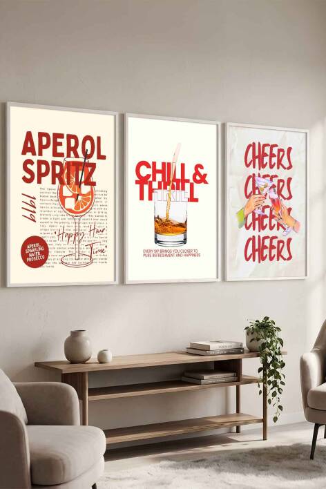 Modern Kokteyl Serisi Aperol Spritz ve Cheers Temalı 3'lü Çerçeveli Tablo Seti Mutfak ve Kafe Dekorasyonu - 7