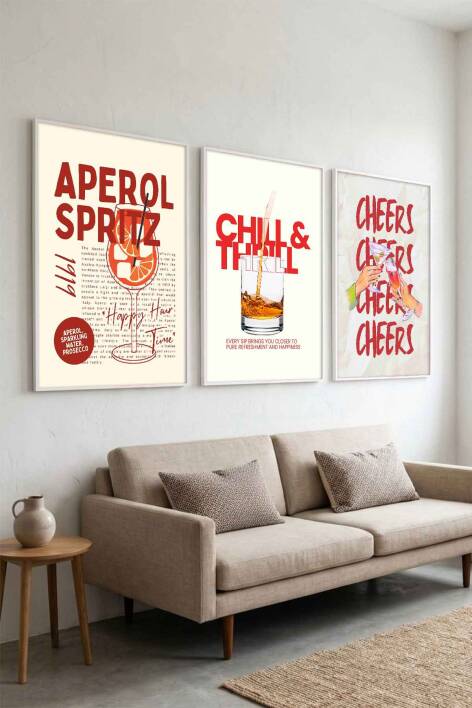 Modern Kokteyl Serisi Aperol Spritz ve Cheers Temalı 3'lü Çerçeveli Tablo Seti Mutfak ve Kafe Dekorasyonu - 8