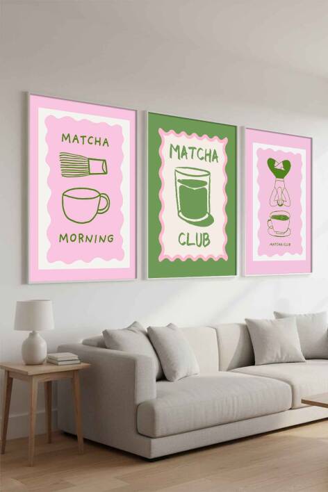 Modern Matcha Club İllüstrasyon 3'lü Çerçeveli Tablo Seti Mutfak ve Salon Dekoru - 3