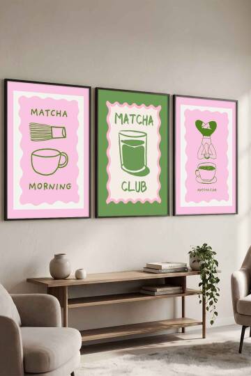 Modern Matcha Club İllüstrasyon 3'lü Çerçeveli Tablo Seti Mutfak ve Salon Dekoru - 4