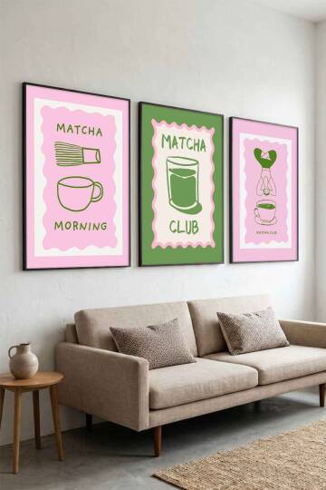 Modern Matcha Club İllüstrasyon 3'lü Çerçeveli Tablo Seti Mutfak ve Salon Dekoru - 5
