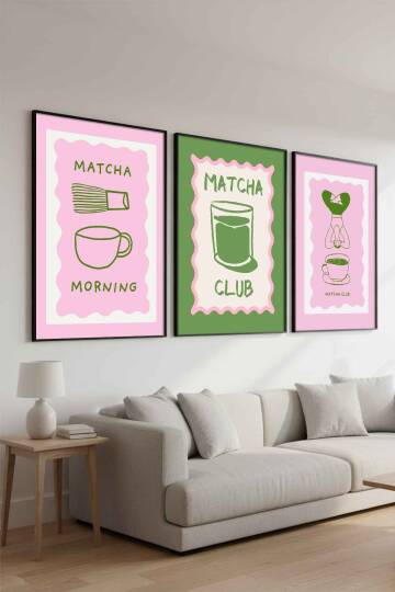Modern Matcha Club İllüstrasyon 3'lü Çerçeveli Tablo Seti Mutfak ve Salon Dekoru - 6