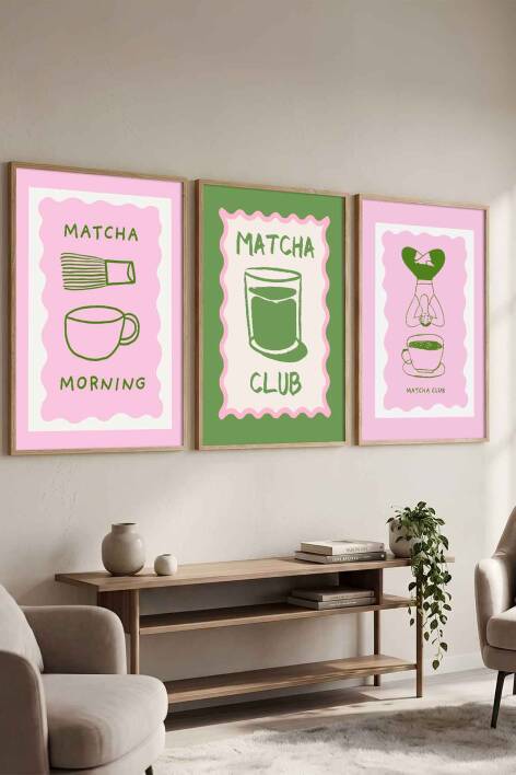 Modern Matcha Club İllüstrasyon 3'lü Çerçeveli Tablo Seti Mutfak ve Salon Dekoru - 7