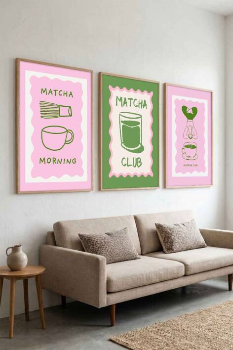 Modern Matcha Club İllüstrasyon 3'lü Çerçeveli Tablo Seti Mutfak ve Salon Dekoru - 8