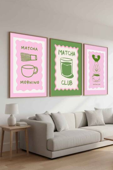 Modern Matcha Club İllüstrasyon 3'lü Çerçeveli Tablo Seti Mutfak ve Salon Dekoru - 9