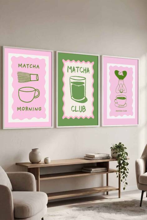 Modern Matcha Club İllüstrasyon 3'lü Çerçeveli Tablo Seti Mutfak ve Salon Dekoru - 1