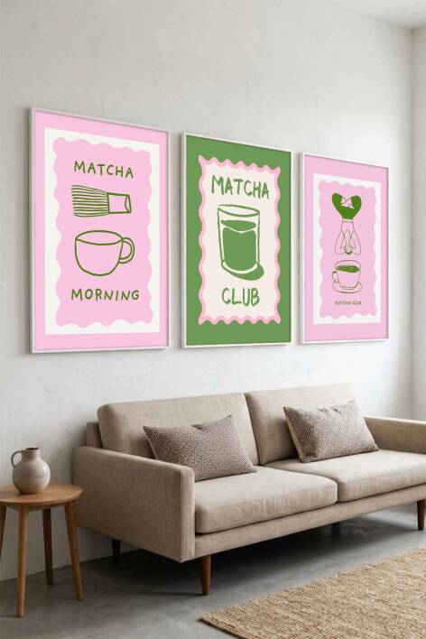 Modern Matcha Club İllüstrasyon 3'lü Çerçeveli Tablo Seti Mutfak ve Salon Dekoru - 2
