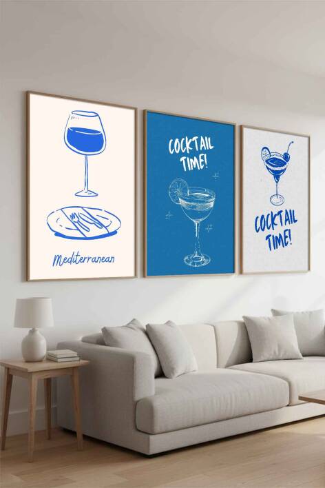 Modern Minimalist Kokteyl ve Akdeniz Temalı 3'lü Çerçeveli Tablo Seti Mutfak ve Salon Duvar Dekoru - 8
