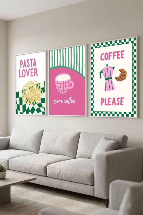 Modern Mutfak Temalı Spagetti, Kahve, Kruvasan Tasarımlı Çerçeveli Tablo Seti - 3