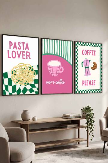 Modern Mutfak Temalı Spagetti, Kahve, Kruvasan Tasarımlı Çerçeveli Tablo Seti Siyah