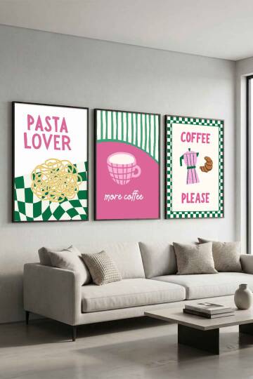Modern Mutfak Temalı Spagetti, Kahve, Kruvasan Tasarımlı Çerçeveli Tablo Seti - 5