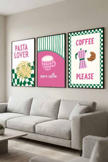 Modern Mutfak Temalı Spagetti, Kahve, Kruvasan Tasarımlı Çerçeveli Tablo Seti - 6
