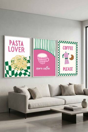 Modern Mutfak Temalı Spagetti, Kahve, Kruvasan Tasarımlı Çerçeveli Tablo Seti - 2