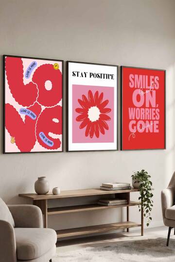 Modern Pop-Art Tasarımlı 3'lü Set Pozitif Mesajlı Çerçeveli Tablo Salon ve Genç Odası Duvar Dekorasyonu