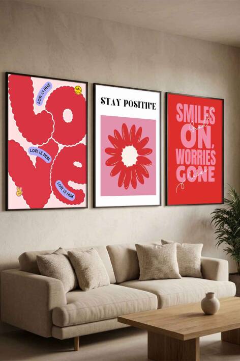 Modern Pop-Art Tasarımlı 3'lü Set Pozitif Mesajlı Çerçeveli Tablo Salon ve Genç Odası Duvar Dekorasyonu - 2