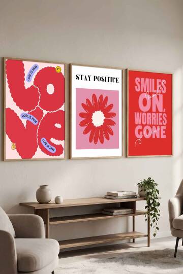 Modern Pop-Art Tasarımlı 3'lü Set Pozitif Mesajlı Çerçeveli Tablo Salon ve Genç Odası Duvar Dekorasyonu Doğal Ahşap
