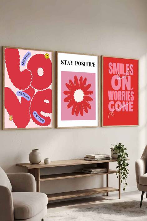 Modern Pop-Art Tasarımlı 3'lü Set Pozitif Mesajlı Çerçeveli Tablo Salon ve Genç Odası Duvar Dekorasyonu - 4