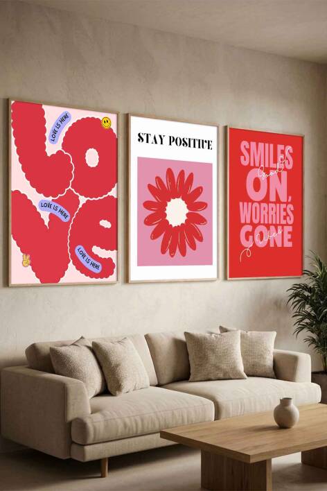 Modern Pop-Art Tasarımlı 3'lü Set Pozitif Mesajlı Çerçeveli Tablo Salon ve Genç Odası Duvar Dekorasyonu - 5