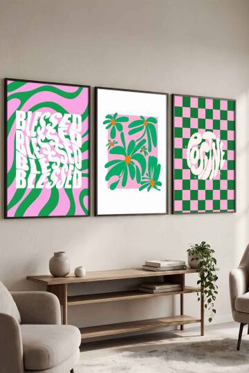 Modern Retro Groovy 3'lü Set Çerçeveli Tablo Salon ve Ofis Dekoru Siyah
