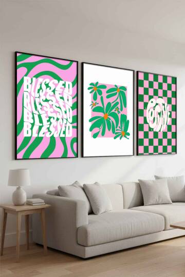 Modern Retro Groovy 3'lü Set Çerçeveli Tablo Salon ve Ofis Dekoru - 5