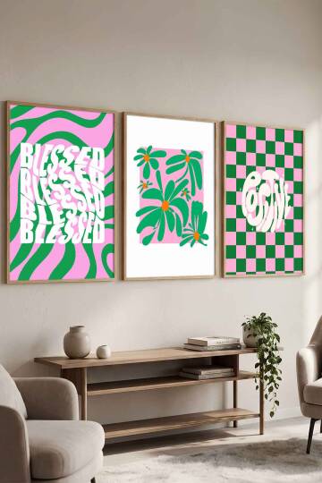Modern Retro Groovy 3'lü Set Çerçeveli Tablo Salon ve Ofis Dekoru Doğal Ahşap